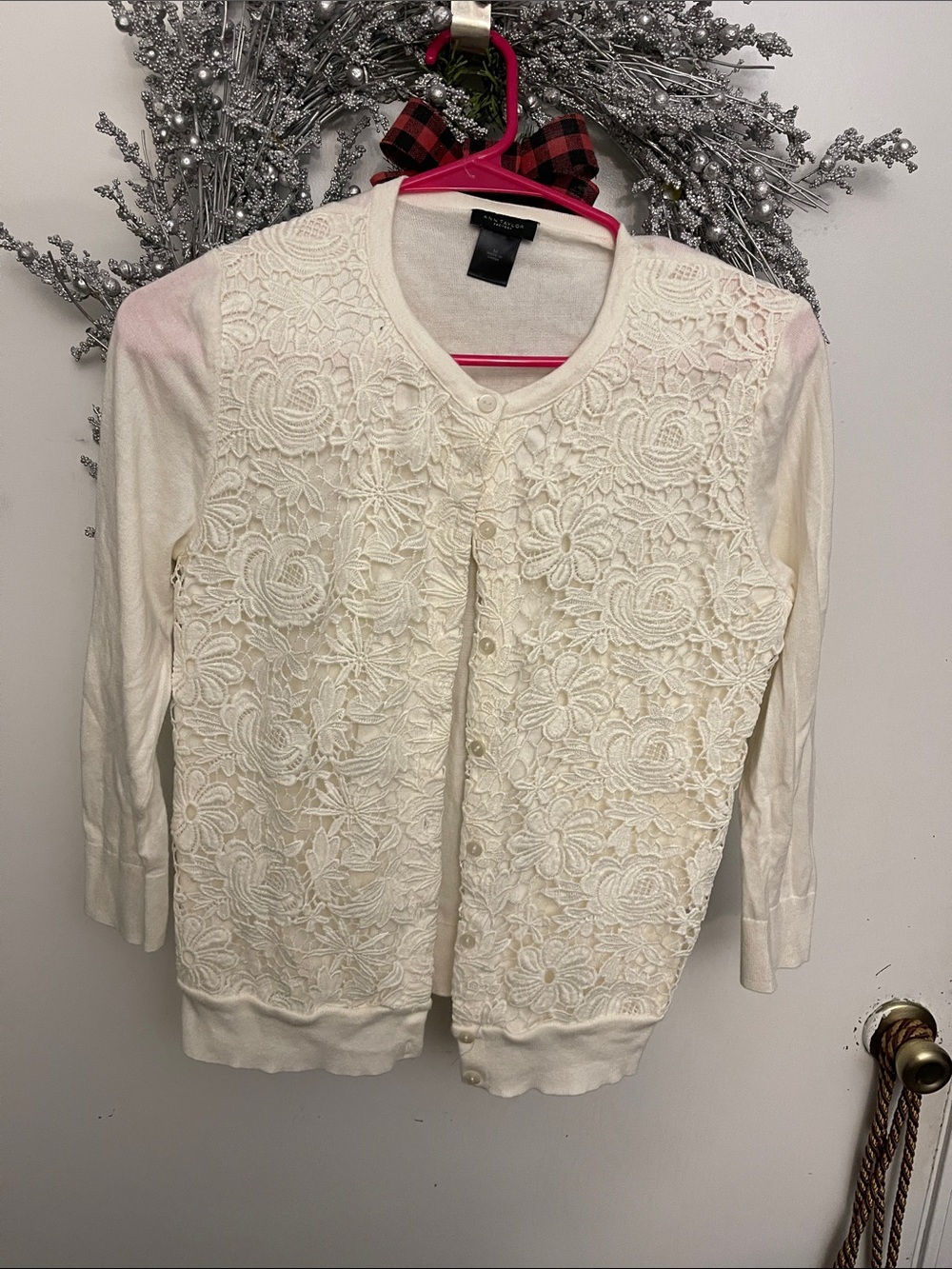 Ann Taylor Ivory Floral Lace Front Button Cardigan